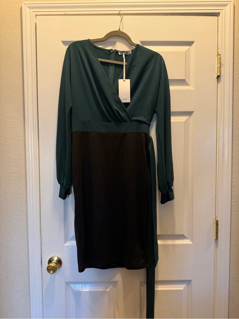 Grace Karin Teal and Black Long-Sleeve Faux-Wrap Sheath Dress